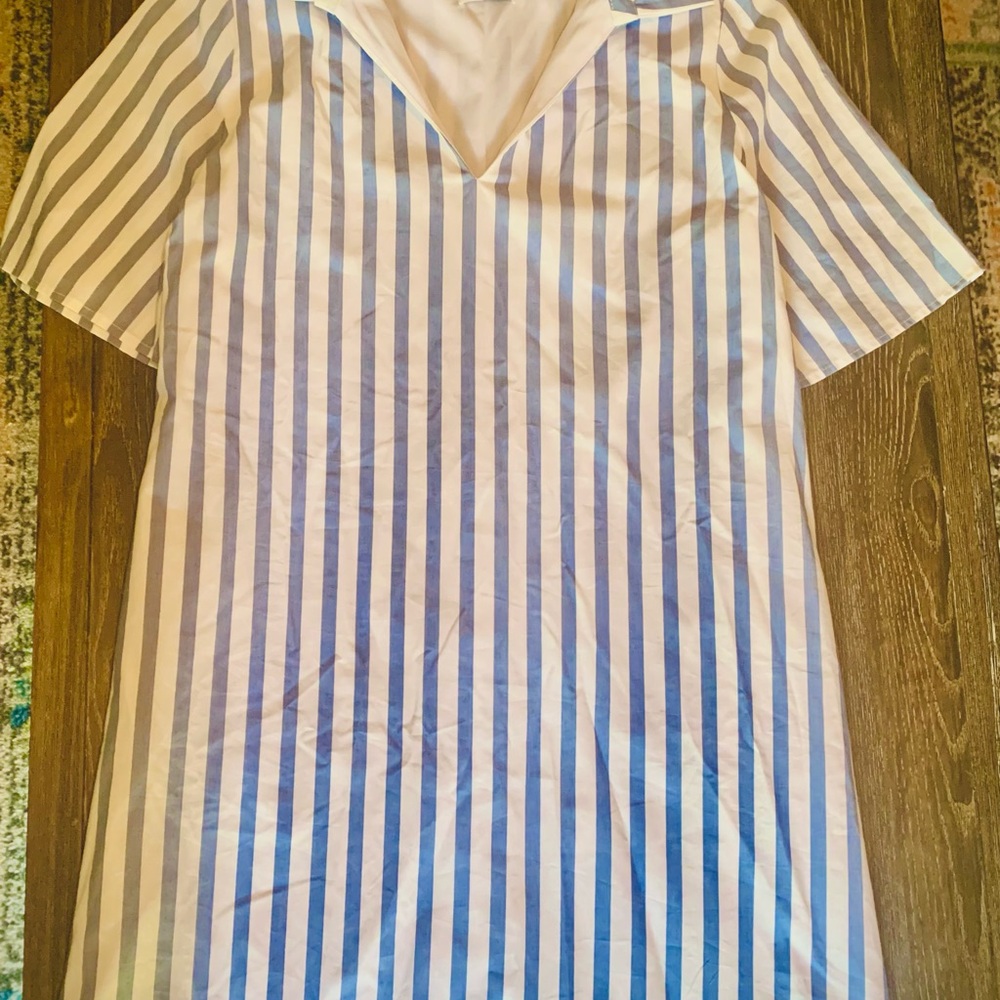 Boutique Blue and White Dress with Ruffle Neck